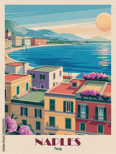 Naples, Italy travel destination poster in retro style. Colorful vintage vector illustration
