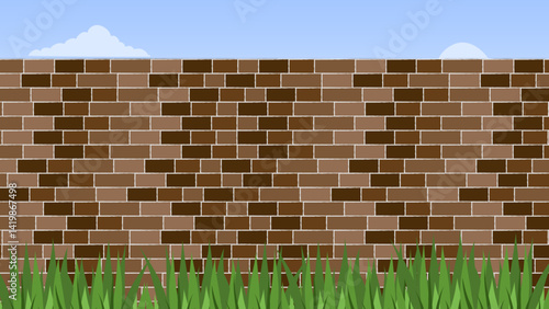 Architecture wall building construction. Brickwall brown texture background with sky and grass view 