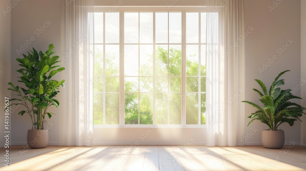 Fototapeta premium Bright and Serene Indoor Space with Large Window, Green Plants, and Soft Natural Light Pouring Through Sheer Curtains