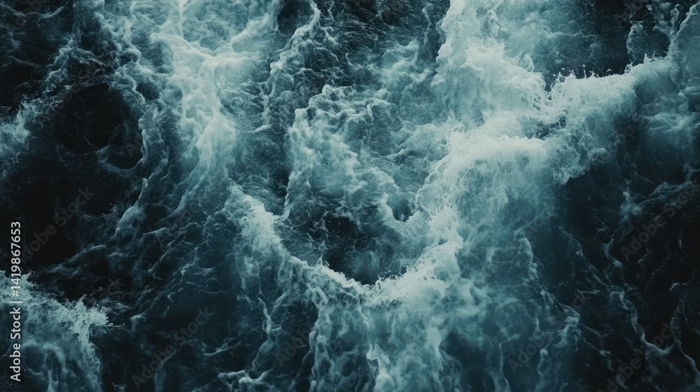 Turbulent ocean waves create foamy patterns across the water surface Turbulent ocean waves create foamy patterns across the water surface