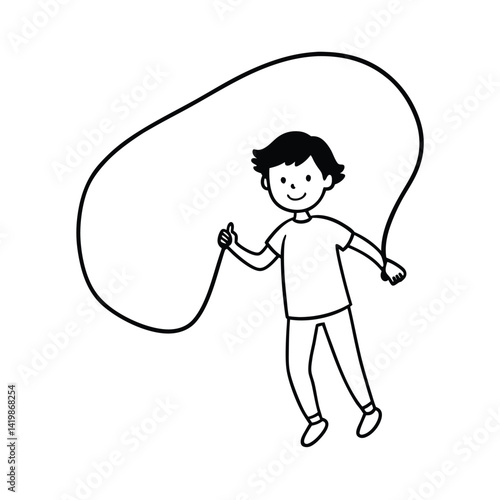 Cheerful Boy Playing With Jump Rope Line Art Black And White