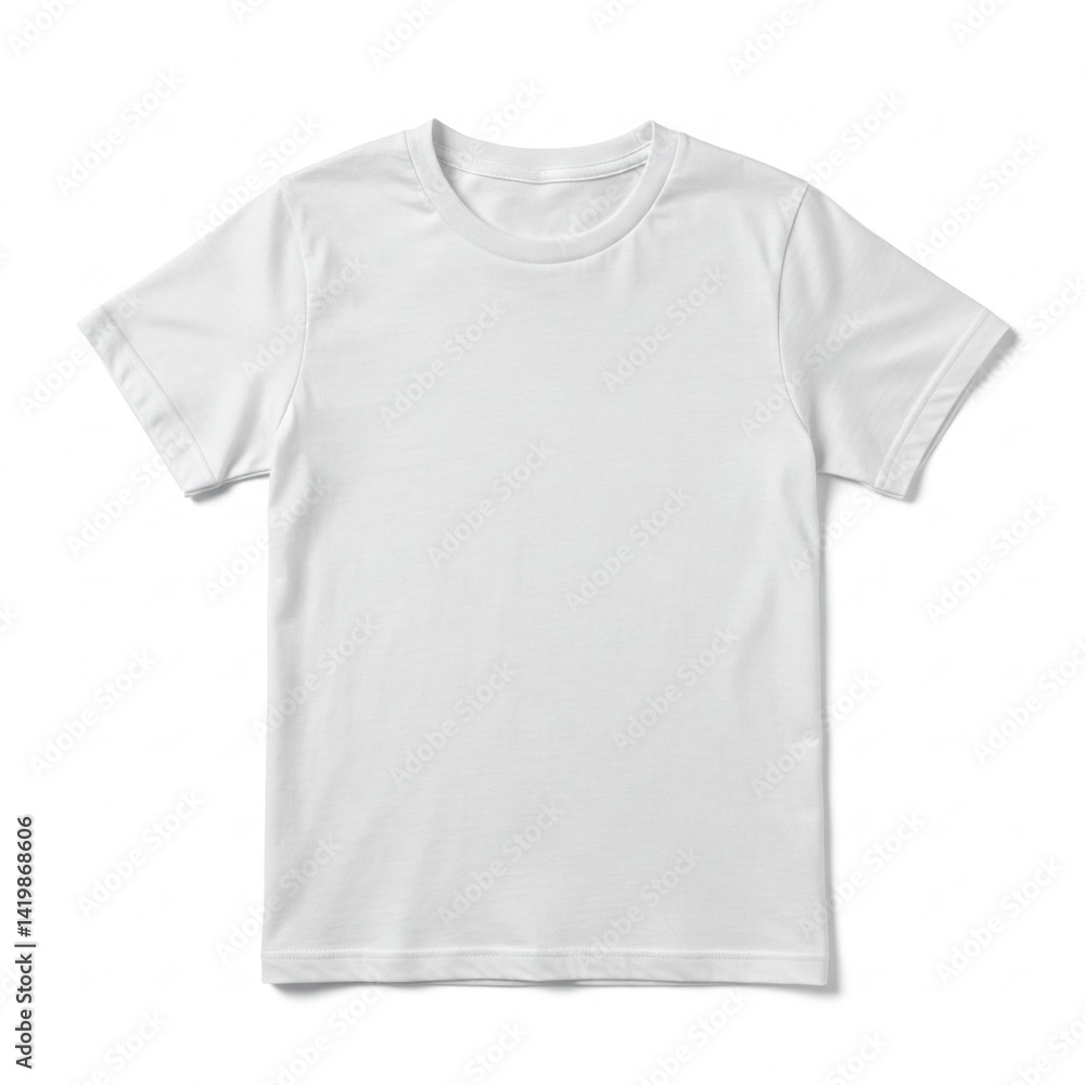 A plain white T-shirt with a classic crew neck and short sleeves, displayed on a white background. Blank Basic Tee Shirt for Clothing Mockup Design. A plain white T-shirt with a classic crew neck and short sleeves, displayed on a white background. Blank Basic Tee Shirt for Clothing Mockup Design.