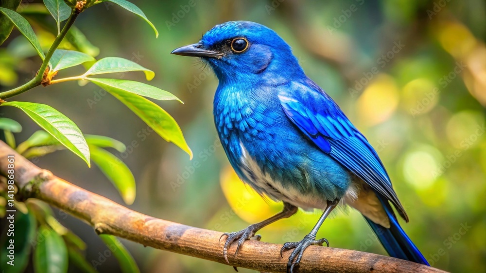 A Vivid Blue Bird Perched on a Branch Amidst Lush Green Foliage A Vivid Blue Bird Perched on a Branch Amidst Lush Green Foliage