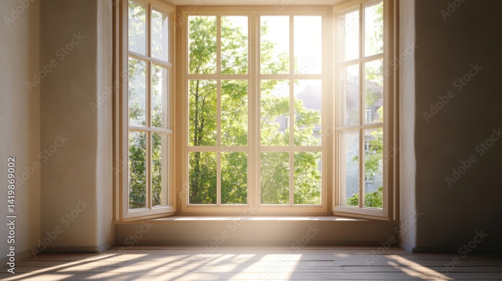 Bright and Airy Indoor Scene Featuring Sunlight Streaming Through a Wooden Window Framed by Lush Green Trees in a Serene Environment Bright and Airy Indoor Scene Featuring Sunlight Streaming Through a Wooden Window Framed by Lush Green Trees in a Serene Environment