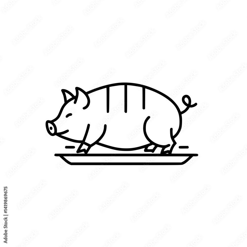 Black outline of a whole roasted pig on a platter.
Black outline of a whole roasted pig on a platter.