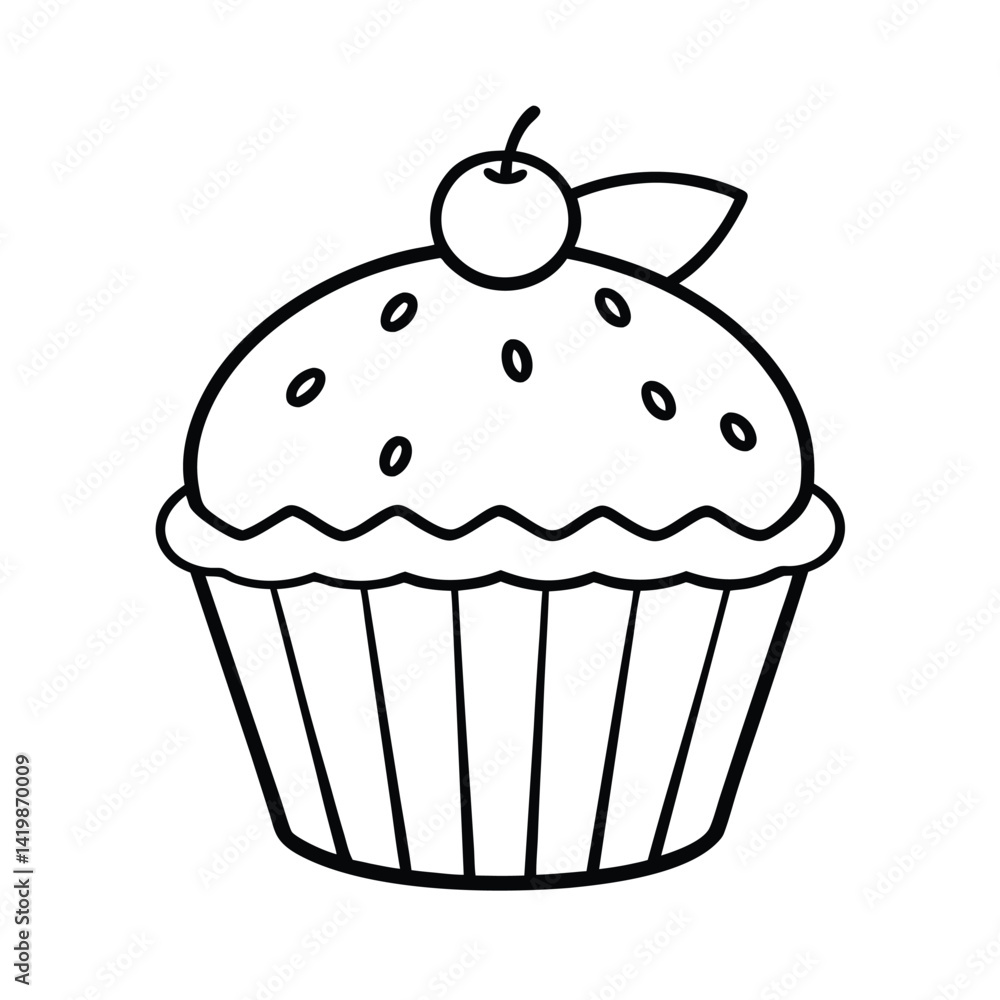 Simple Cupcake Line Art Illustration With Cherry Topping And Sprinkles Design Simple Cupcake Line Art Illustration With Cherry Topping And Sprinkles Design