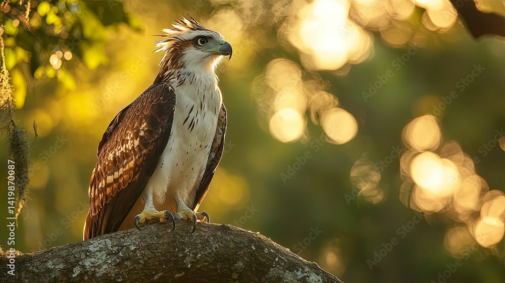 Majestic red-breasted hawk perched in golden sunlight. Majestic red-breasted hawk perched in golden sunlight.