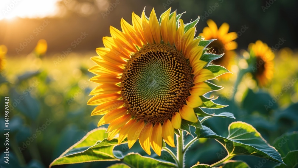 Fototapeta premium Blooming Sunflower in Golden Field During Sunset Radiating Warmth