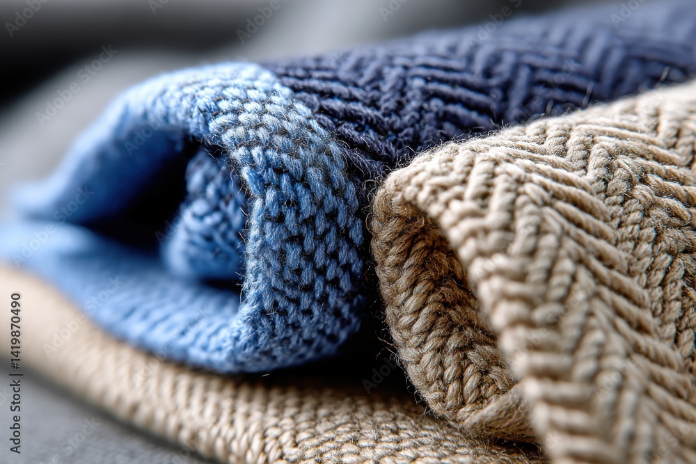 A beautifully arranged composition featuring blue and beige blankets, showcasing intricate textures and designs that add warmth and style to any space. A beautifully arranged composition featuring blue and beige blankets, showcasing intricate textures and designs that add warmth and style to any space.