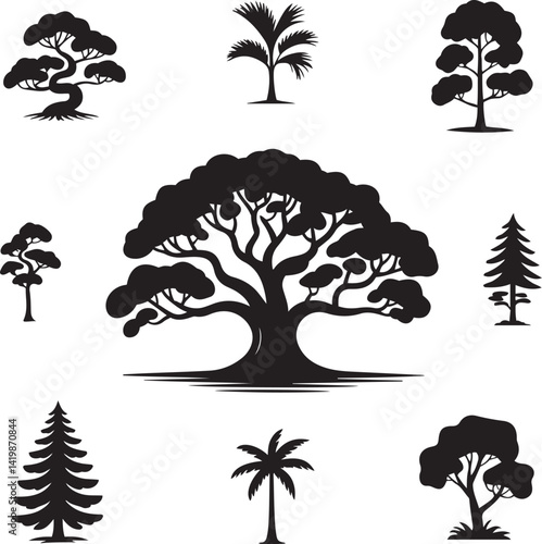 Botanical art collection of hand drawn black and white trees including bonsai conifer and tall palm trees designed in a clean minimal and modern illustrative style