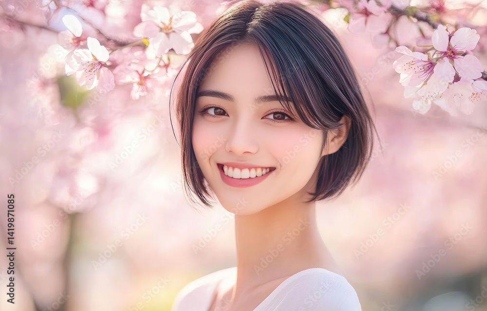 A beautiful Japanese woman with short hair smiles gently amidst a breathtaking cherry blossom scene in full bloom, wearing elegant white and pink tones against a soft pastel background. The dreamy atm A beautiful Japanese woman with short hair smiles gently amidst a breathtaking cherry blossom scene in full bloom, wearing elegant white and pink tones against a soft pastel background. The dreamy atm