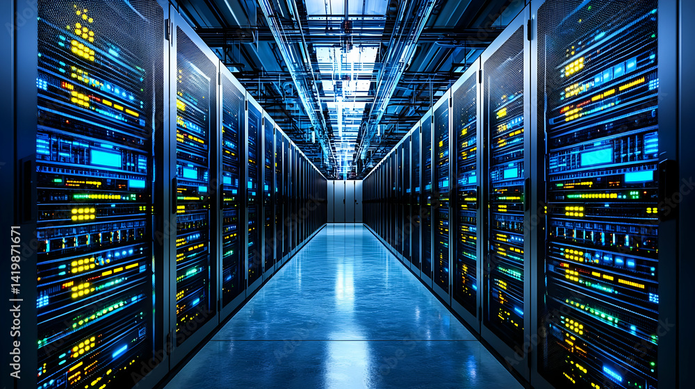Obraz premium Modern Data Center Corridor With Glowing Server Racks