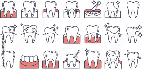 Tooth line icon set. Dental clinic logo. Clean teeth. Vector EPS 