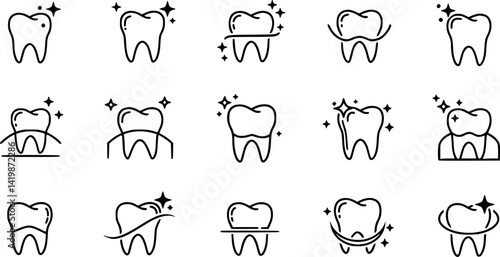 Tooth line icon set. Dental clinic logo. Clean teeth. Vector EPS 