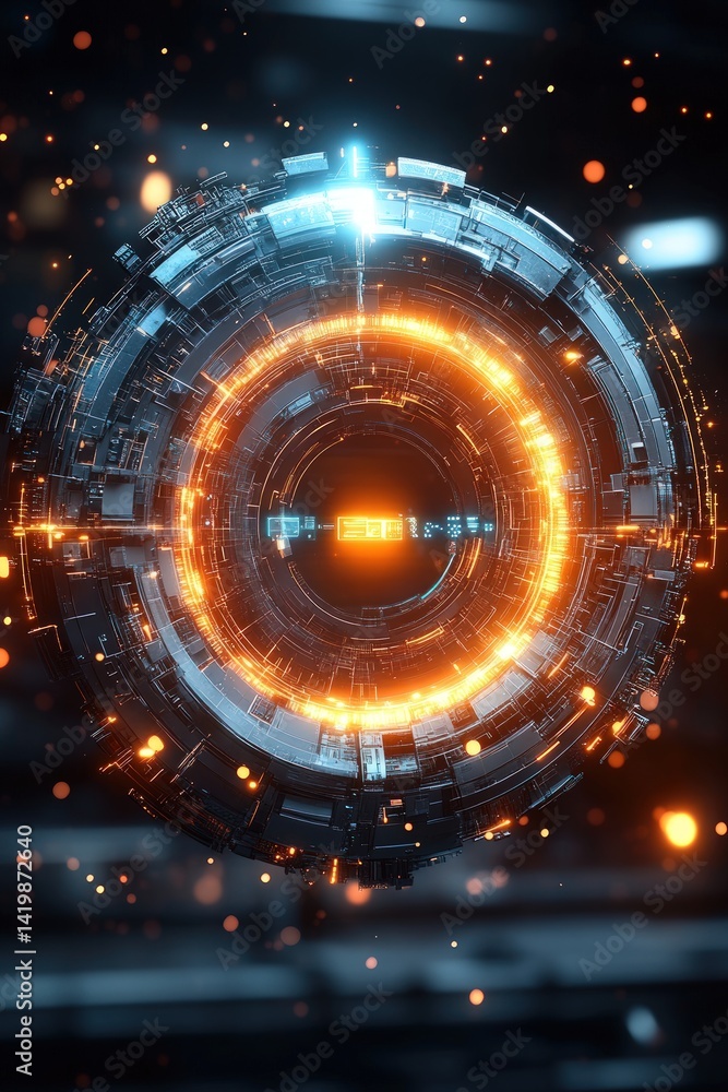 Fototapeta premium Abstract digital art featuring a glowing orange center surrounded by blue rings.