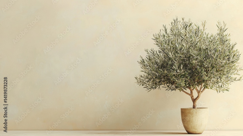Fototapeta premium Minimalist interior scene featu a potted olive tree with a textured beige wall background and natural lighting, emphasizing simplicity and elegance in home decor