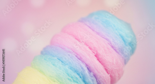 Rainbow cotton candy swirls pastel dream sweet treat soft focus pink background