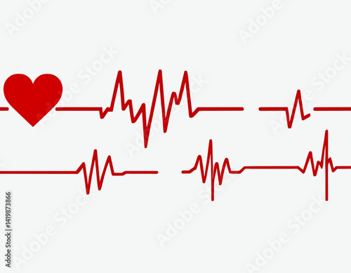 Red heartbeat line collection with heart symbol, cardiology, medical pulse, ECG, EKG design, healthcare clipart vector illustration, health monitoring, digital heartbeat graphics