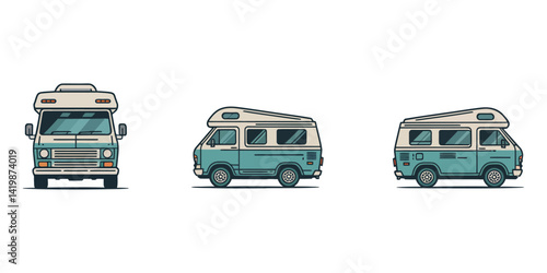 Camper van silhouette set  Vector design, Caravan trailer icons set in black filled and stroke line style, Recreational Vehicle Abstract Silhouette Vector Graphics Pack, Caravan Black Line.