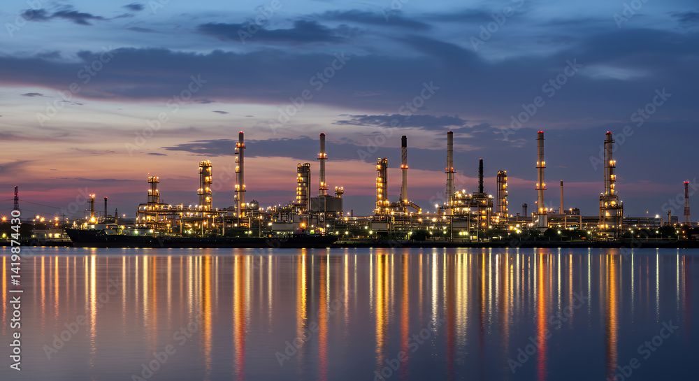 Illuminated Industrial Refinery Complex at Dusk Reflecting on Calm Water Illuminated Industrial Refinery Complex at Dusk Reflecting on Calm Water