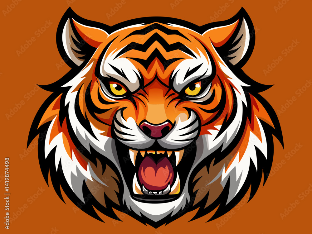 Illustration of a fierce tiger head with orange and black stripes on an orange background color Illustration of a fierce tiger head with orange and black stripes on an orange background color