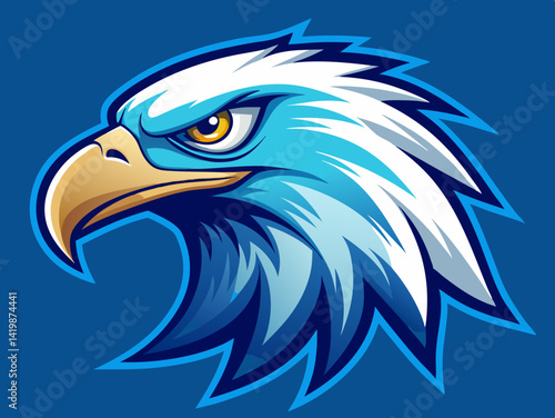Illustration of an eagle head with blue and white feathers on a solid blue color background view