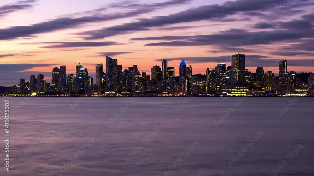 Vibrant City Skyline at Twilight with Dramatic Cloudy Sky Vibrant City Skyline at Twilight with Dramatic Cloudy Sky