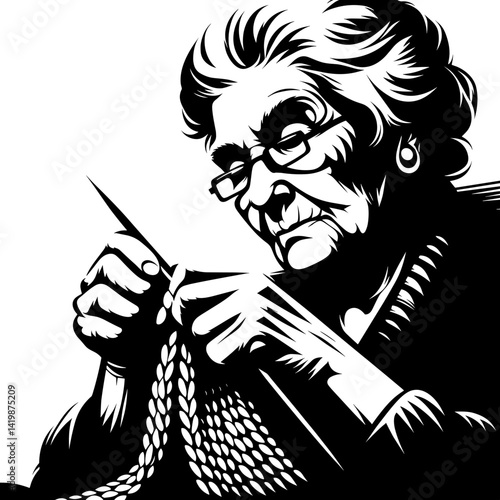 Elderly woman knitting in black and white style  