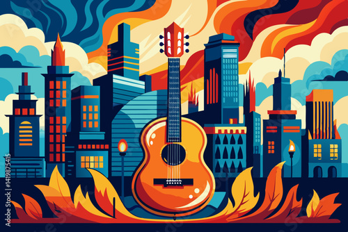 Acoustic guitar stands tall amidst a vibrant city skyline with stylized clouds and leaf accents below it all