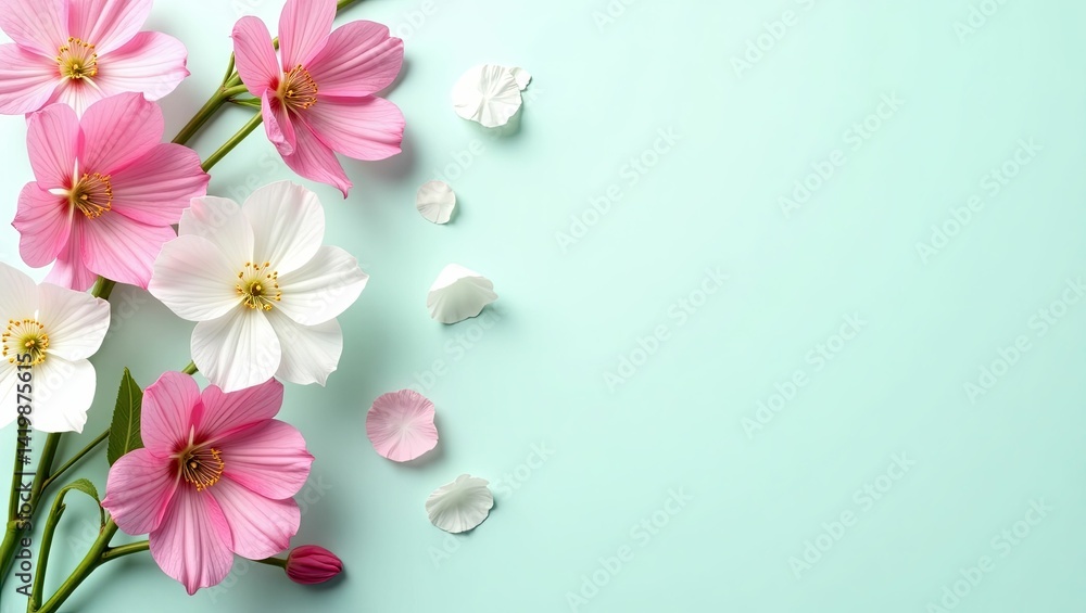 Fototapeta premium Soft pink white flowers on mint green background