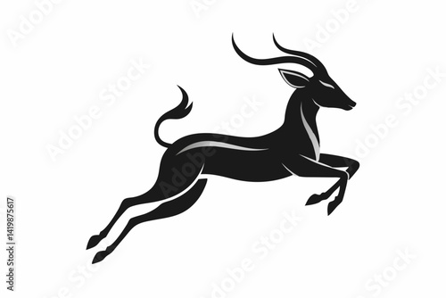 Stylized black silhouette of an antelope leaping gracefully with prominent horns and a curved tail design