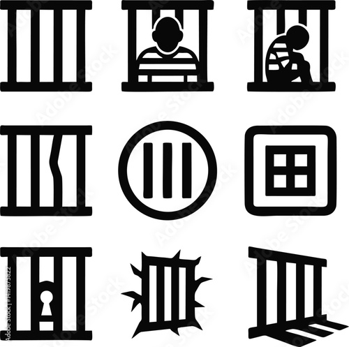 Prison Bars Icon Set – Flat Black Silhouettes with Prisoner Figures