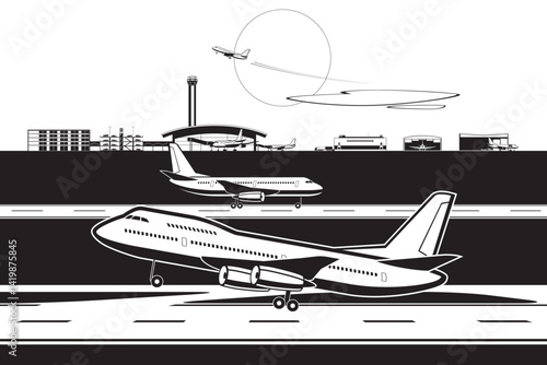 Passenger airplanes taking off and landing in airport – vector illustration