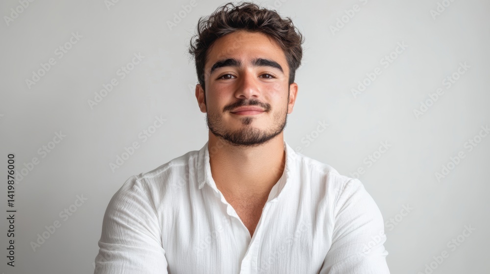 Confident young man in a white shirt with curly hair and a friendly smile posed against a neutral background for professional portraits or lifestyle imagery. Confident young man in a white shirt with curly hair and a friendly smile posed against a neutral background for professional portraits or lifestyle imagery.