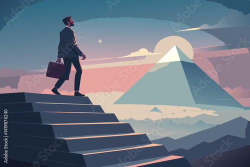 Man in suit ascends stairs towards pyramid and sun in stylized landscape with briefcase in hand