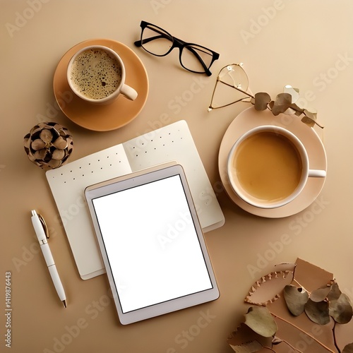 Top view of minimalist workspace, notebook, pen, iPad, glasses, coffee, beige tones, modern aesthetic generate by firefly