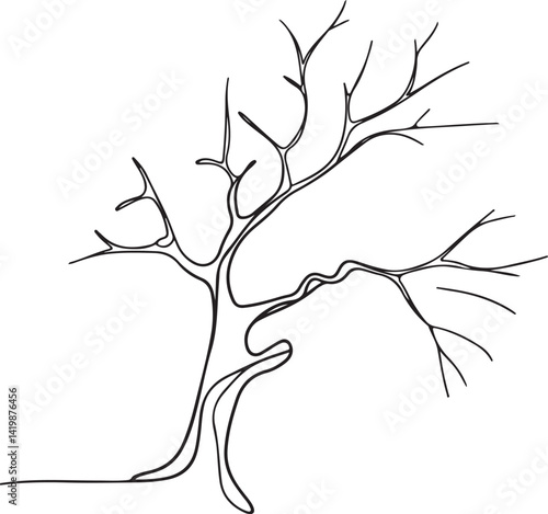 Bare tree line art in black and white with symmetrical branches simple minimalist outline and a serene organic form that reflects the quiet beauty of winter nature