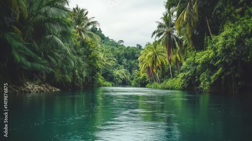 A lush green river flows between dense tropical vegetation