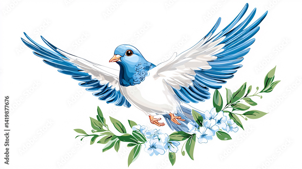 Peace Dove in Flight with Floral Branch Symbol of Hope and Freedom Illustration on White Background Peace Dove in Flight with Floral Branch Symbol of Hope and Freedom Illustration on White Background