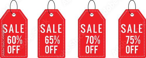 Discount Labels  Vivid red price tags showcase attractive discount percentages, offering enticing savings for savvy shoppers. Perfect for promotions, sales, and retail marketing.