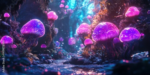 Glowing purple mushrooms populate a magical and fantastical forest scene