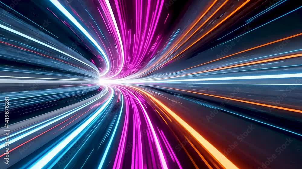 Glowing warp speed tunnel with colorful streaks and dynamic motion trails Glowing warp speed tunnel with colorful streaks and dynamic motion trails