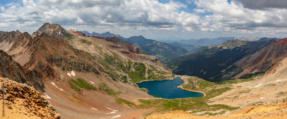 Fototapeta premium Beautiful blue Lake Hope in the San Juan Mountains between Telluride and Silverton Colorado. San Miguel Peak (13,756') can be seen on the far left.