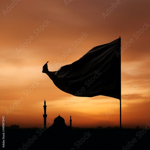 Black flag waving during Muharram at sunset sky
