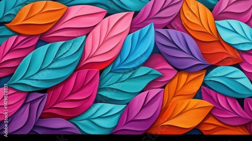 Wallpaper Mural A vibrant, textured artwork featuring colorful leaves in shades of pink, blue, purple, and orange, creating a lively and decorative pattern. Torontodigital.ca