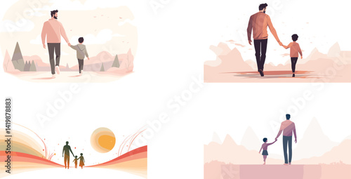 Happy Father's day. Father's heartfelt journey with children, tender moments in harmonious illustrations