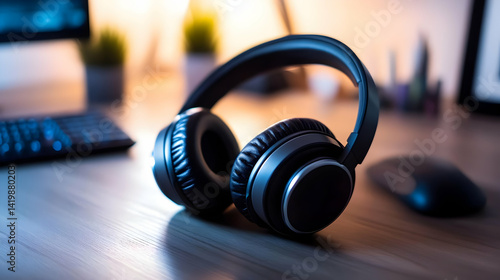 Black and Silver Over Ear Headphones on Wood Desk with Computer Keyboard and Mouse in Soft Lighting