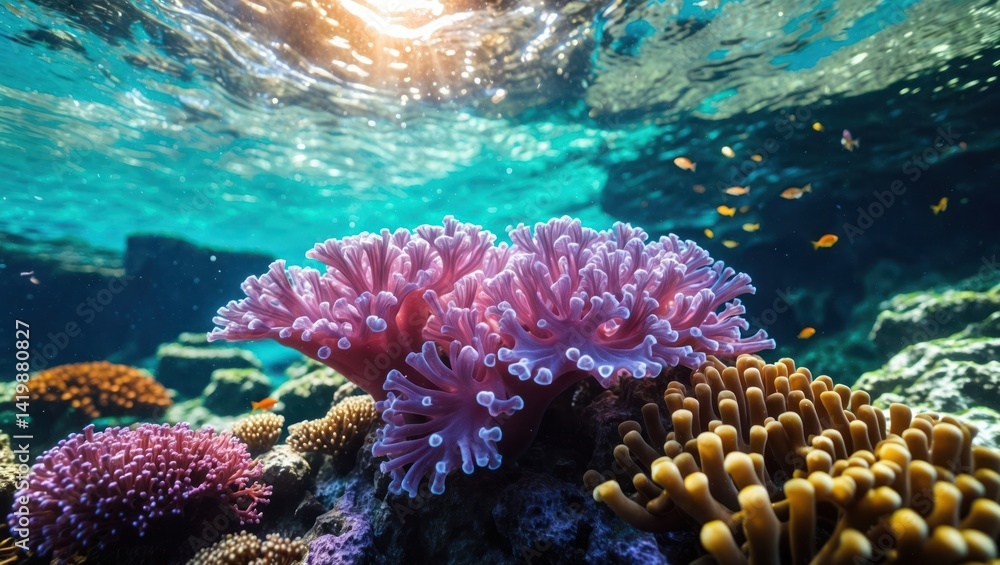 Obraz premium Colorful Coral Reef Underwater Scene with Fish and Sunlit Water