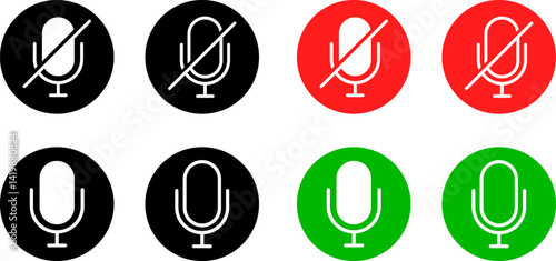 mute microphone icons set . Voice record buttons. mic off symbol. Retro vocal speaker buttons. Classical micro with volume off