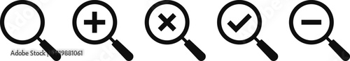 Magnifying glass icon set. loupe sign with check mark, plus symbol.  Search icons